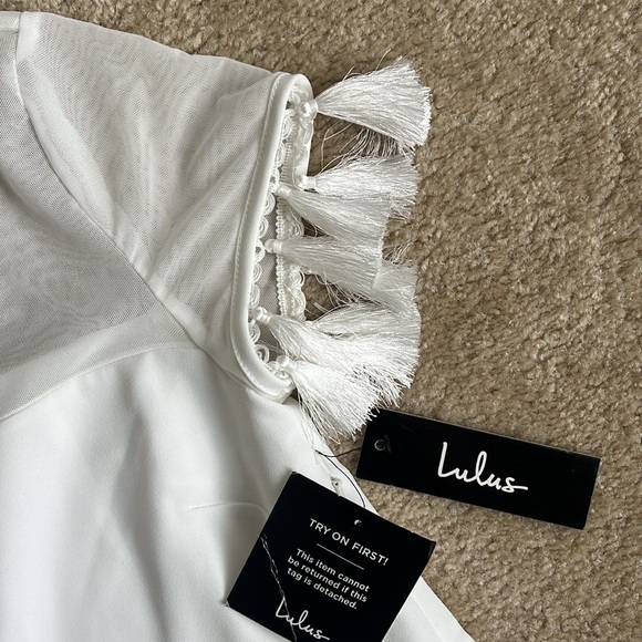 NWT Lulus Iced Latte Shift Mesh Mini Tassel Short Sleeve Dress in White XS - Picture 7 of 10